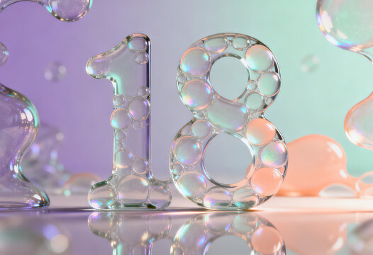 Glossy glass number 18 with water bubbles on pastel background