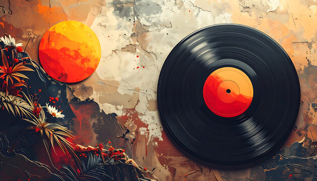 Pixelated vinyl record and abstract sun on textured background, retro music concept