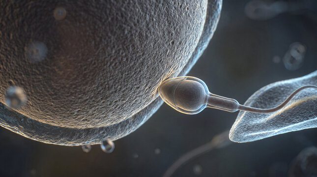Realistic fertilization scene showing a sperm cell head in direct contact with the egg outer membrane, dramatic blue and gold laboratory illumination, IVF science and reproductive healthcare concept