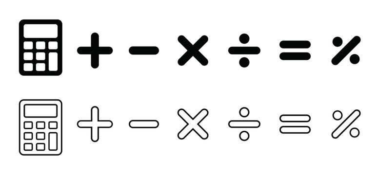Calculator and math icon set with arithmetic symbols in outline and solid styles. Calculation icons for finance, accounting and app interfaces