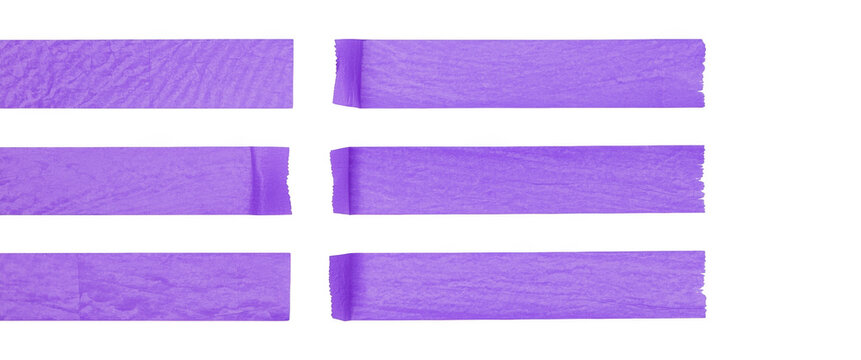 Six horizontal strips of bright purple crepe paper arranged in parallel lines against a deep black background isolated on a transparent background