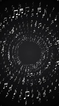 music notes flying space tuunnel on dark background animation,song, black and white music and concert stream vertical social media motion background