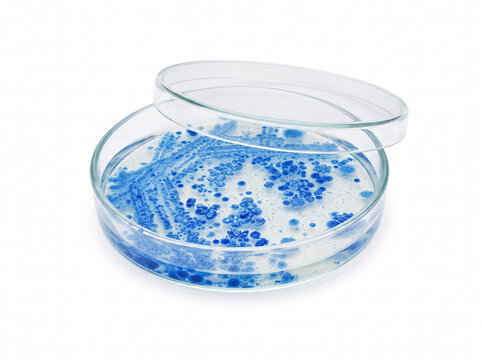 Glass petri dish containing blue biological bacteria culture isolated on white background