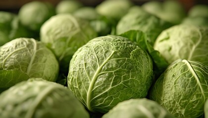 Fototapeta premium Abundant Fresh Organic Green Cabbage Heads Perfectly Arranged in a Tight Full Frame Close Up Shot.