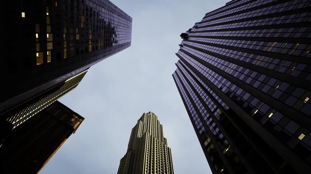 Converging skyscrapers with repetitive window patterns, strong vertical rhythm and gridlike facades, cool palette and corporate calm capturing architectural