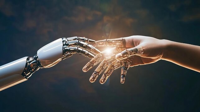 A Robotic Hand And A Human Hand Touching Amidst Complex Big Data And Global Network Connections