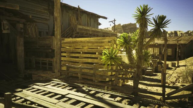 Sunlit wooden fence beside yucca plants, plank shadows creating patterned ground, narrow alley between weathered buildings, textured boards and gate, warm