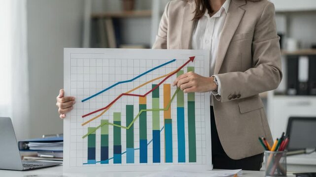 Broker in medium shot adjusting markers on a visual progress chart demonstrating credit score growth with other office materials and walls out of focus to emphasize the chart.