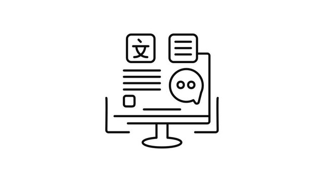 Minimalist outline animation of translate chatbot on computer screen drawing on and fading out. Features a clean pop up style in 3 color setups.