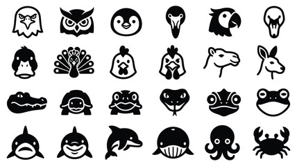 Fototapeta premium Set of black and white hand drawn animal icons featuring various wildlife species in a doodle style