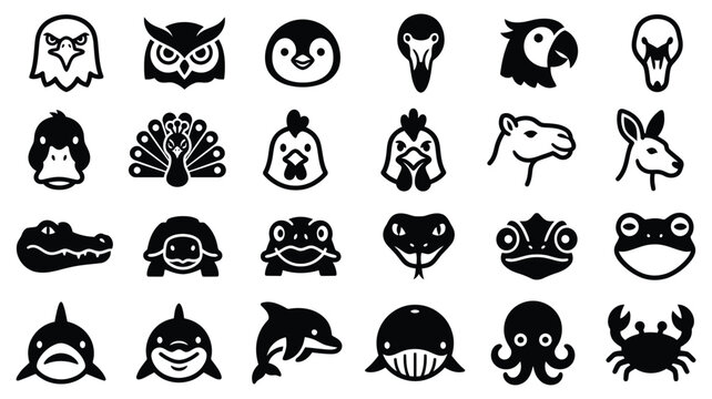 Set of black and white hand drawn animal icons featuring various wildlife species in a doodle style