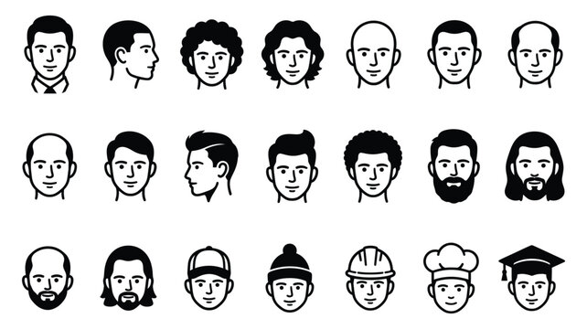 Set of diverse male avatar icons featuring various hairstyles facial hair expressions and professional headgear in line art