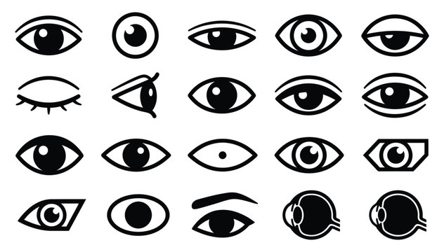 Set of various hand drawn eye icons showing different expressions and shapes in a simple black line style
