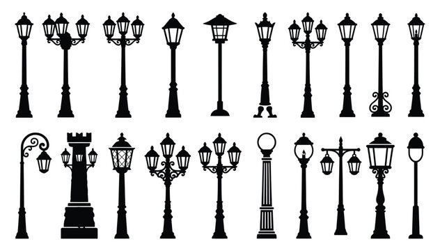 Set of various vintage and modern street lamp silhouettes isolated on a white background for design projects