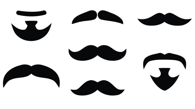 Set of various black mustache and beard silhouettes isolated on a white background for design projects
