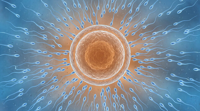 Detailed 3D medical illustration of sperm cells closing in on a human ovum with a red nucleus, beginning of new life, conception, fertility research, embryology and reproductive medicine