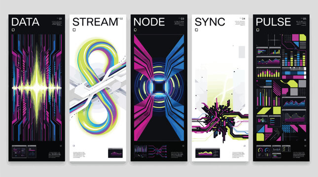 Futuristic data stream banner set, neon cyber aesthetic posters with node and pulse graphics, 5 abstract technology vector layouts for web and print