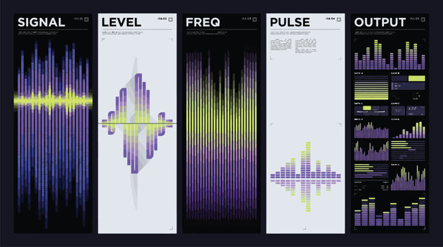 Futuristic audio waveform banners, digital sound signal level and frequency pulse visualization, purple and yellow electronic music output UI elements