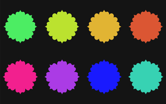 Collection of colorful starburst shapes on a black background with vibrant hues and decorative design elements