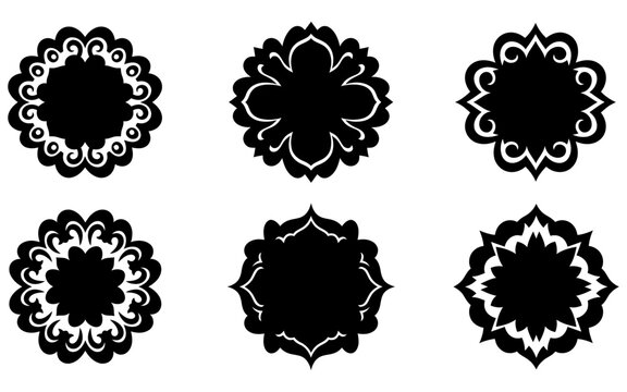 Collection of six ornate black floral frame silhouettes on a white background for decorative design and artistic projects