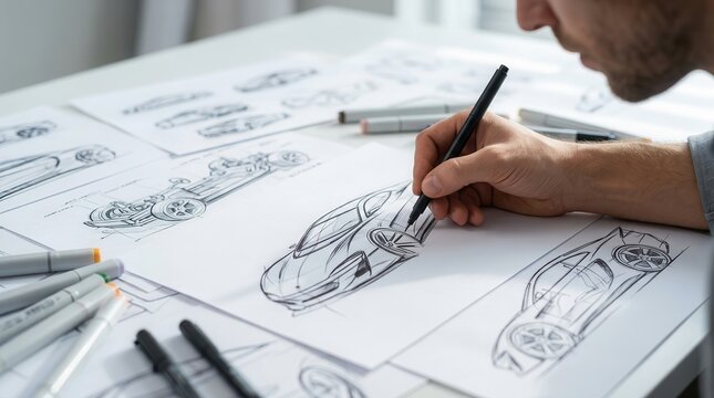 Automotive design engineer sketching concept car prototype drawings on paper.