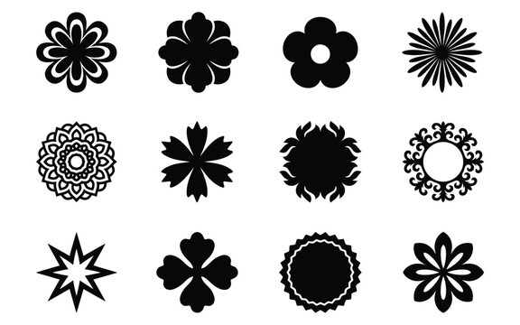 Collection of black floral silhouettes arranged in a grid on a white background decorative botanical elements
