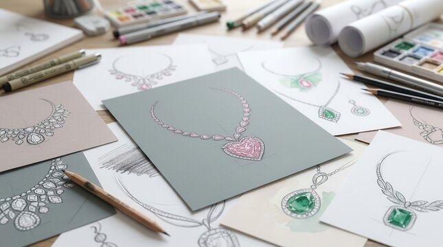 Jewelry designer sketching luxury diamond necklace product ideas.