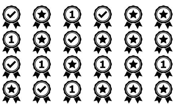 Collection of black flat icons featuring stars checkmarks and numbers one in circular badges on a white background