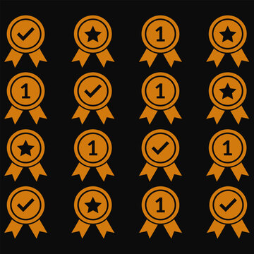 Collection of golden award ribbons with checkmark star and number one symbols on black background vector illustration