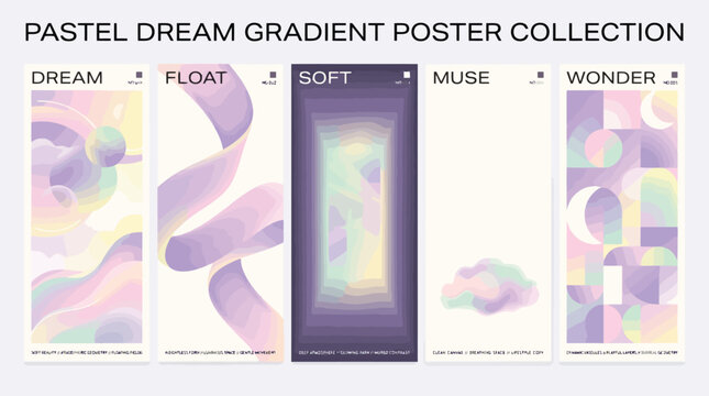 Pastel dream gradient poster collection, set of 5 abstract vector backgrounds, ethereal purple and pink aesthetic banners for social media