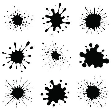 Collection of black ink splatters and splashes in various shapes on a white background for artistic design elements