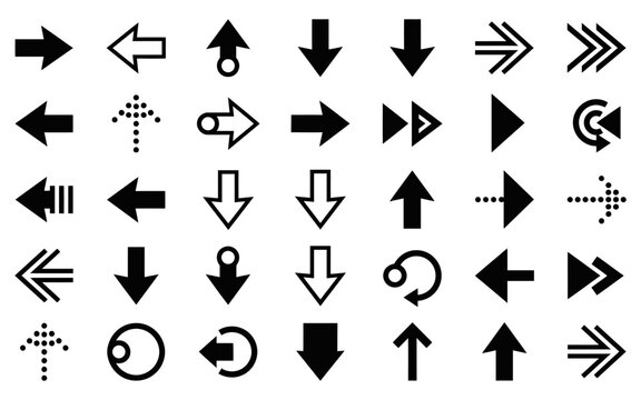 Collection of black arrow icons and directional symbols on a white background for navigation and interface design concepts