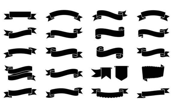 Collection of elegant black ribbon banners and decorative flourishes on a white background for design projects