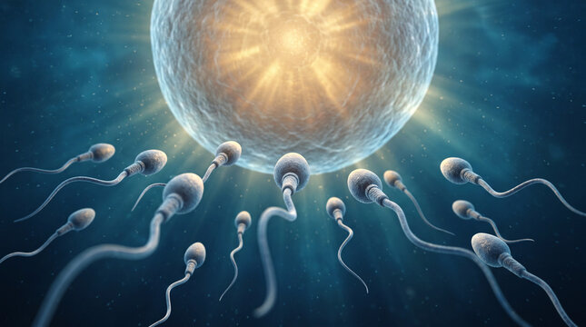 Advanced reproductive biology 3D artwork showing sperm cells approaching an ovum with a vibrant red nucleus, conception, fertility science, assisted reproduction and medical illustration