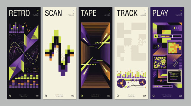 Retro futuristic vertical banner set with 5 abstract tech posters, purple and yellow Y2K aesthetic graphics, vintage digital scan and tape media art