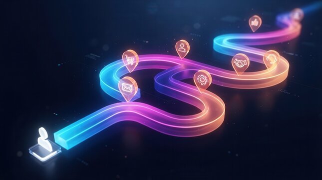 A glowing pathway visualizing a customer journey map with interactive icons.