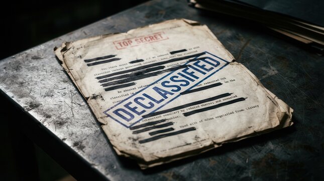 Vintage paper featuring redacted text and a declassified stamp representing government secrets.