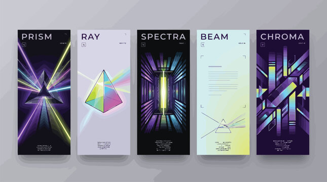 Futuristic prism light effect banners, set of 5 abstract vertical posters with neon spectra rays, geometric chroma beam vector illustrations