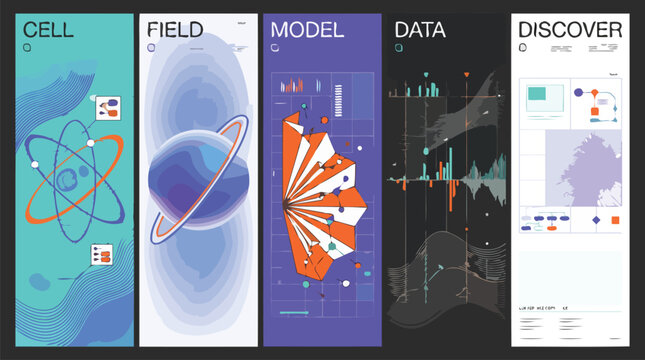 Scientific data visualization banners, abstract biology and physics infographics, set of 5 vertical vector panels for research and discovery