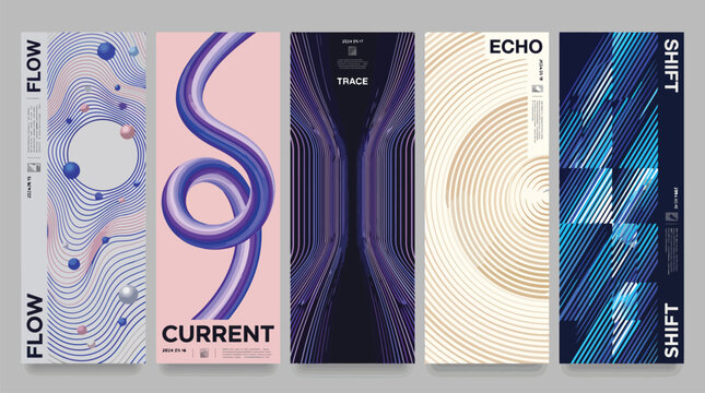 Abstract futuristic vertical banner set with 5 vector templates, modern 3D fluid shapes and geometric line art, creative digital poster collection