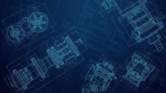 Mechanical gear and engine blueprints for engineering design technical drawing.