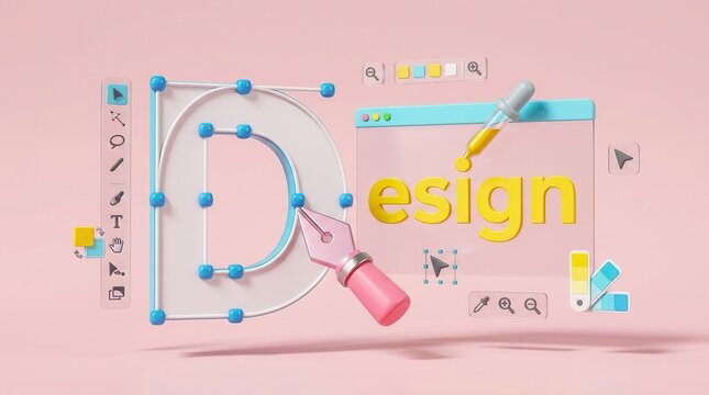 3D rendering of graphic design software tools and a creative designer workspace concept.