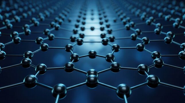 Atomic level view of a dark graphene material structure with a hexagon pattern.
