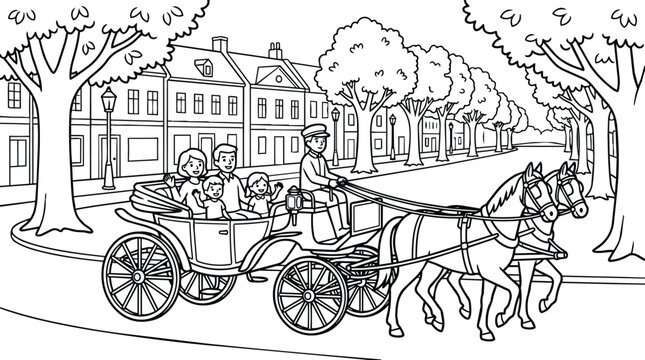City street horse drawn carriage with family and driver in a tree lined avenue