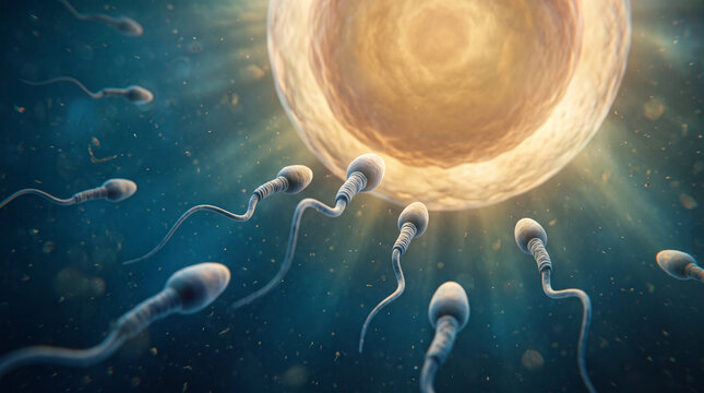 Microscopic medical visualization of sperm binding to the human egg surface, highly detailed cellular texture with golden and blue edge lighting, fertility research and embryology laboratory backgroun