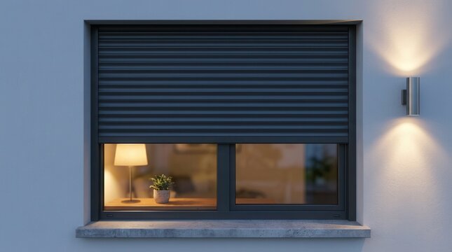 Modern house window with dark rolling shutters and warm interior lamp light.