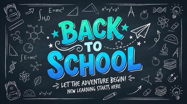 Bright blue back to school lettering design featuring chalk style doodles of science math and education symbols on a dark textured black chalkboard background surface