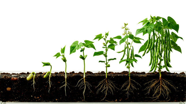 beans plant growth stage, growing process, timeline from seed to big mature plant, growing life cycle in soil of farm, white background, copy space