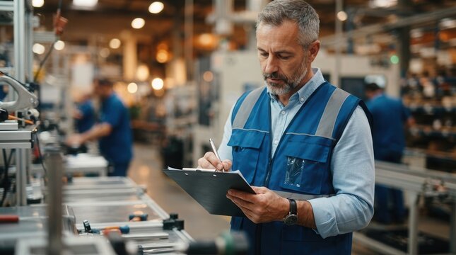 A manufacturing supervisor using a clipboard to check quality metrics on the factory floor.