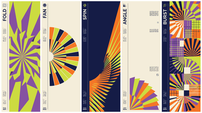 Abstract geometric poster set with fold fan spin angle and burst patterns, retro brutalist vector banners, colorful optical art graphic templates